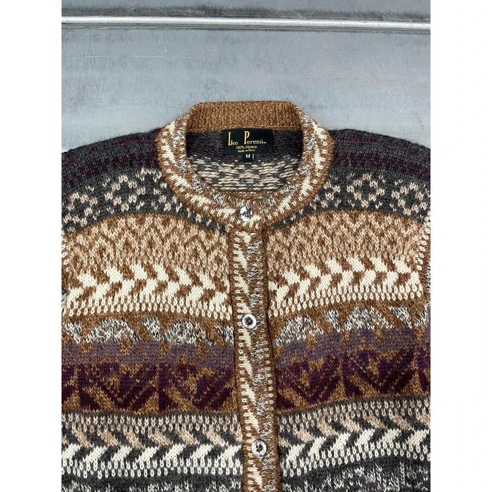 Leo‎ Peressi Alpaca Cardigan Sweater Womens Medium Brown Fair Isle Knit Button